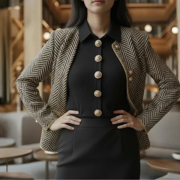 Chic Women's Herringbone Blazer - Brown - Picture 2 of 9